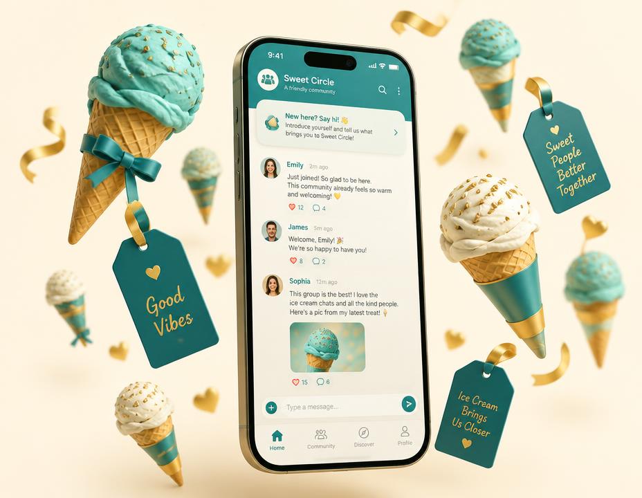 Phone showing a chat community surrounded by floating ice cream cones