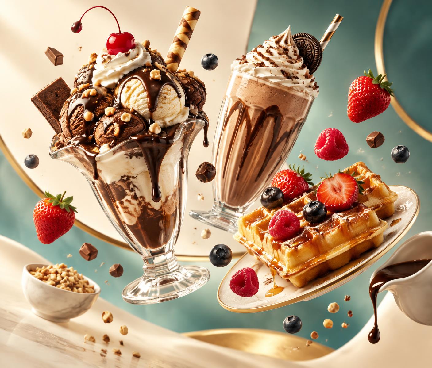 Ice cream sundae, chocolate milkshake and a berry waffle floating together